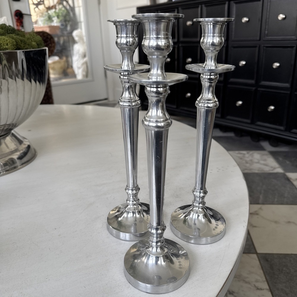 Set Of 3 Pier One Pier 1 Imports Metal Silver Candle Holder Chrome 12.5"
